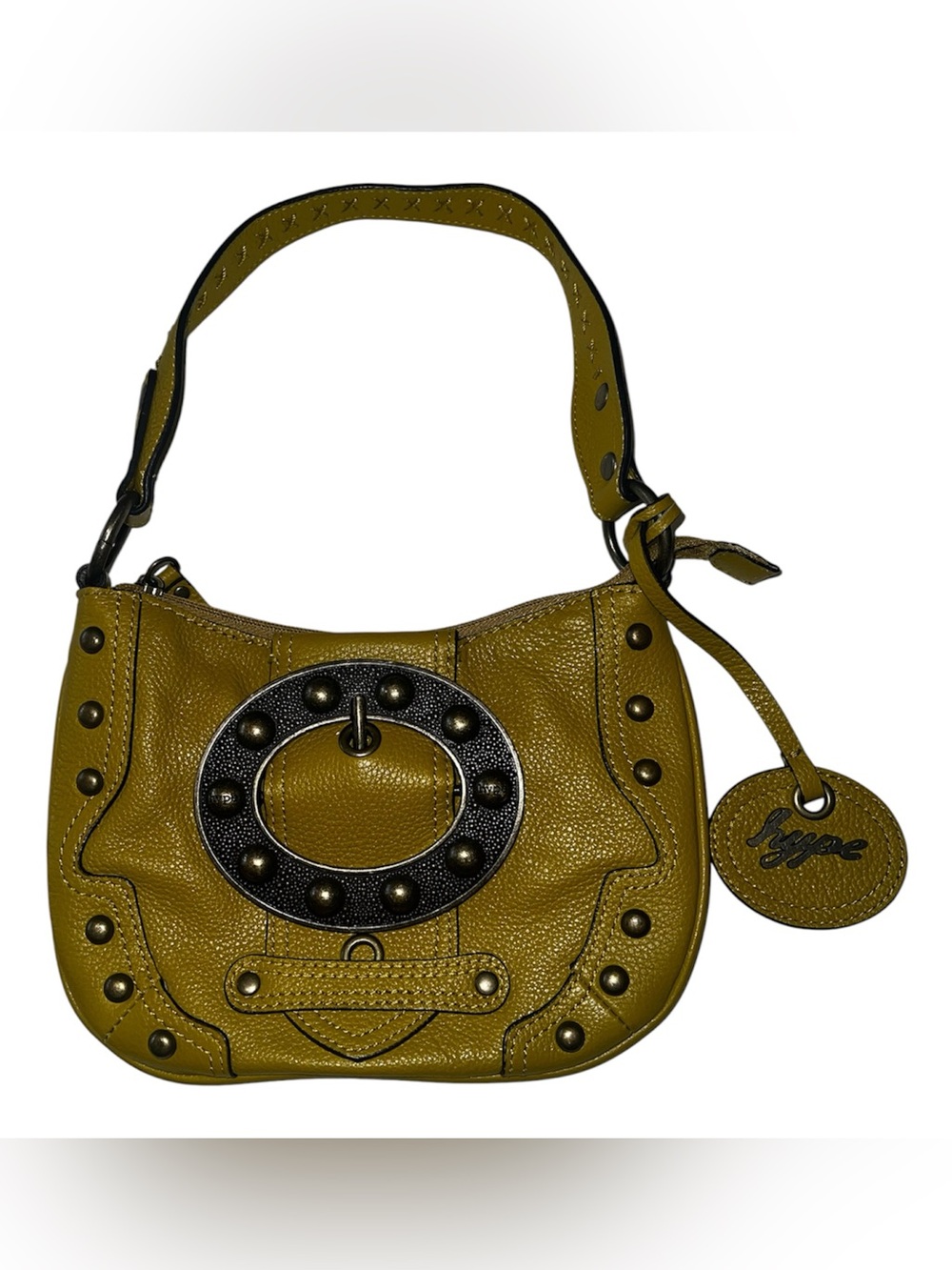 Hype Mustard Yellow Pebbled Leather Brass Buckle Shoulder Bag Purse